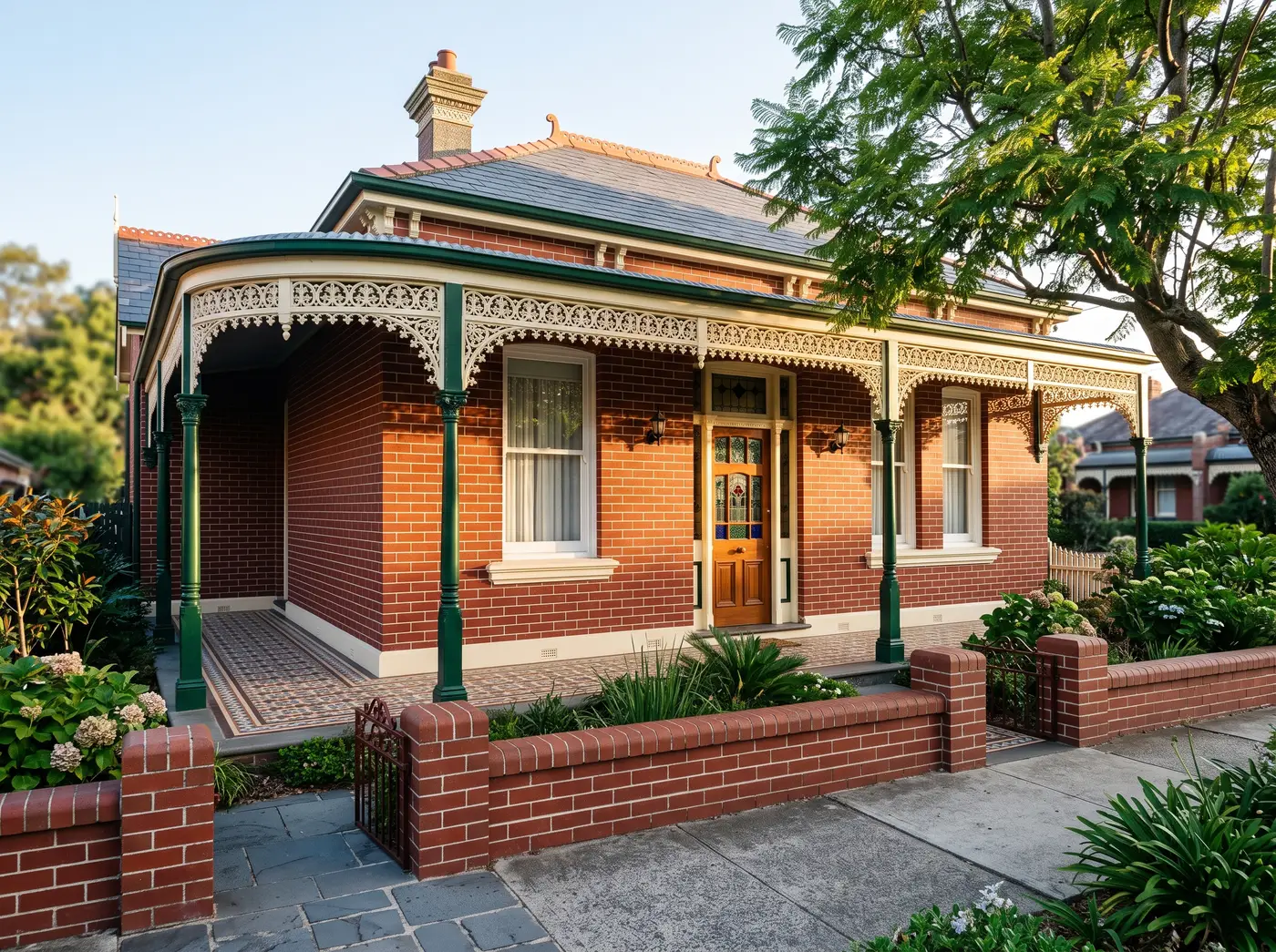 The painted exterior of a red brick Federation home with fresh white trim